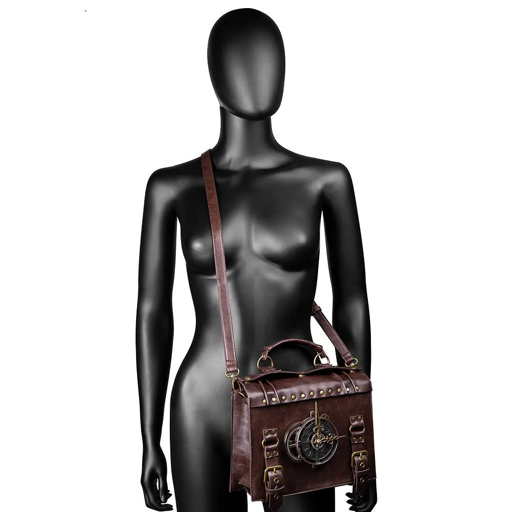 Bronze steampunk industrial retro shoulder bag with metal hardware on horizontal pillow shape