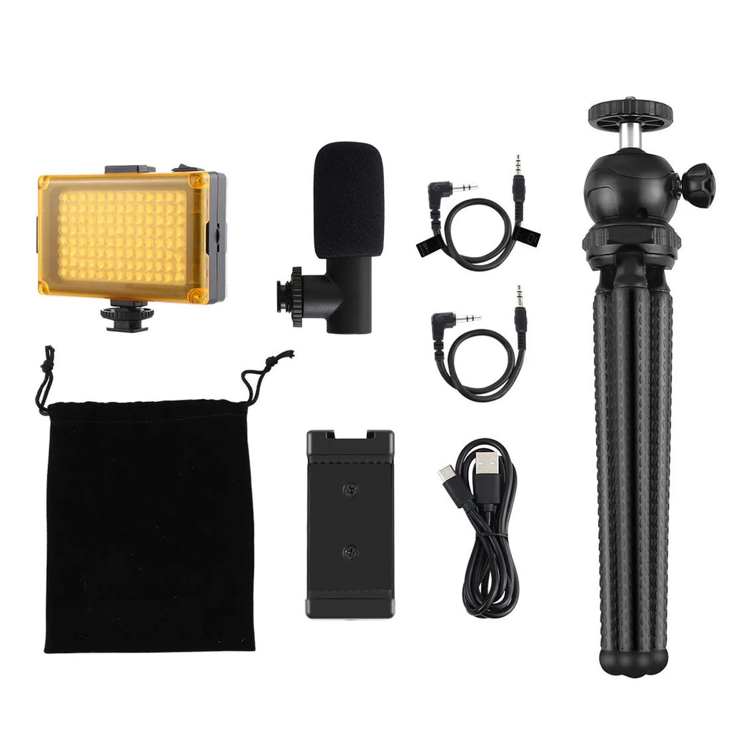 Black flexible octopus tripod with fill light and microphone for live broadcasting