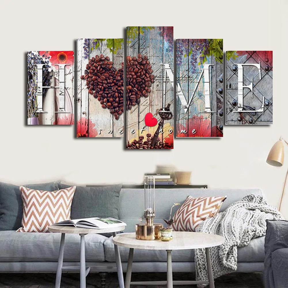Frameless Home Sweet Home decoration board set in red on oil painting material, five panels arranged on a wall