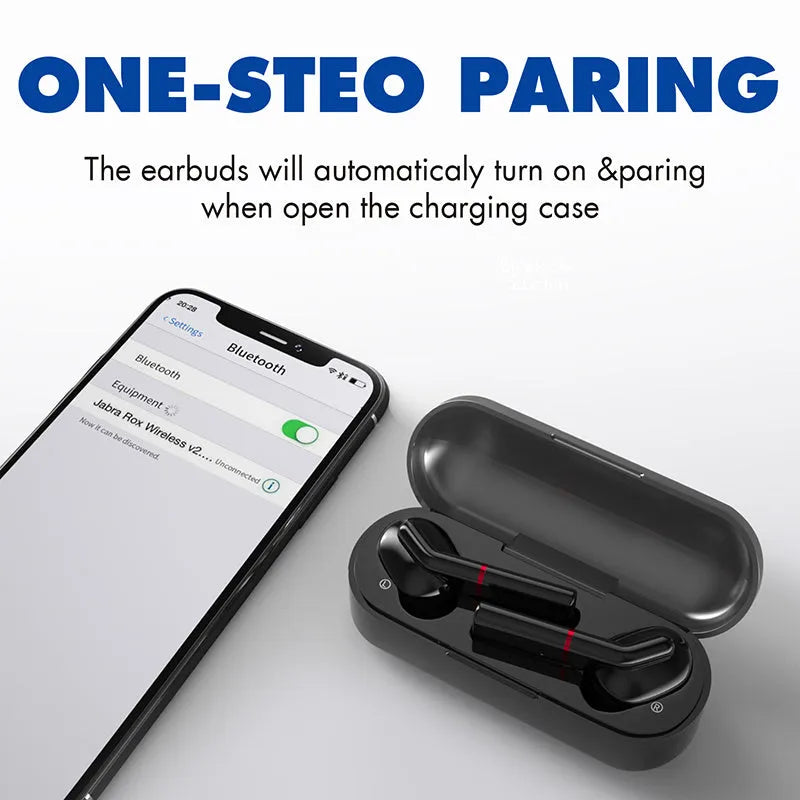 VV1 Bluetooth earphone in black with charging box, featuring Jerry Solution V5.0 and 50 mAh battery