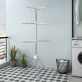 Stainless steel three-tier laundry drying rack with plastic clips and an integrated clothes hanger.