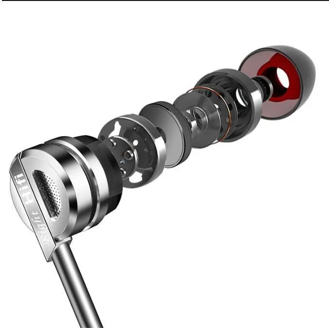 Metal double moving coil in-ear earphone with heavy bass and inline microphone in black finish