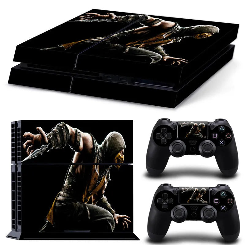 PS4 console with applied black PVC decal skin sticker showing high-definition print