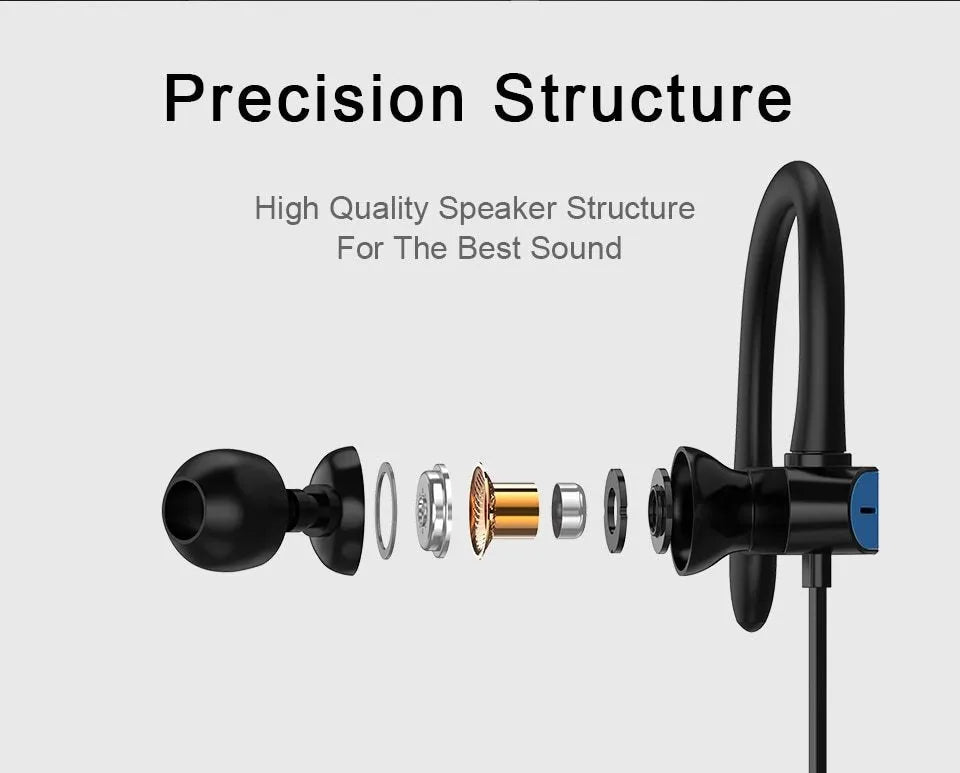 Sport earphones with black and blue flexible ear hooks and silicone earbuds, shown on a grey background