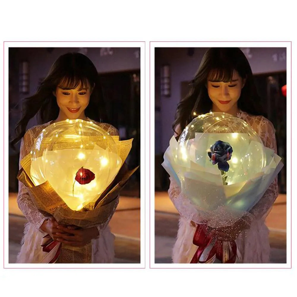 LED luminous balloon rose bouquet transparent boboballoon with artificial flower and LED light, displayed in clear balloon, multiple colour options available