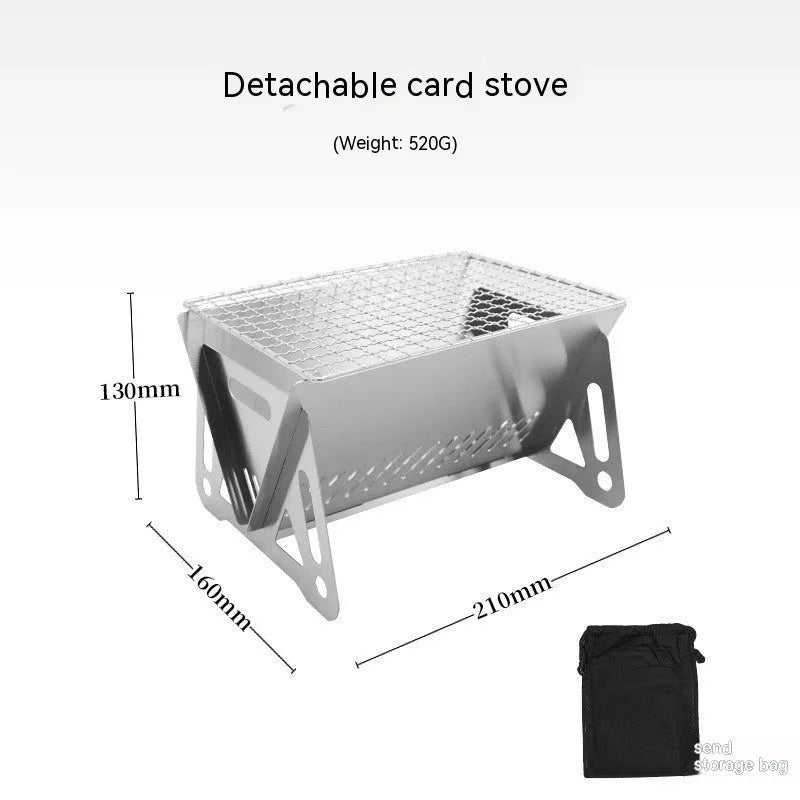 Large stainless steel folding barbecue oven for outdoor cooking, shown with its storage bag.