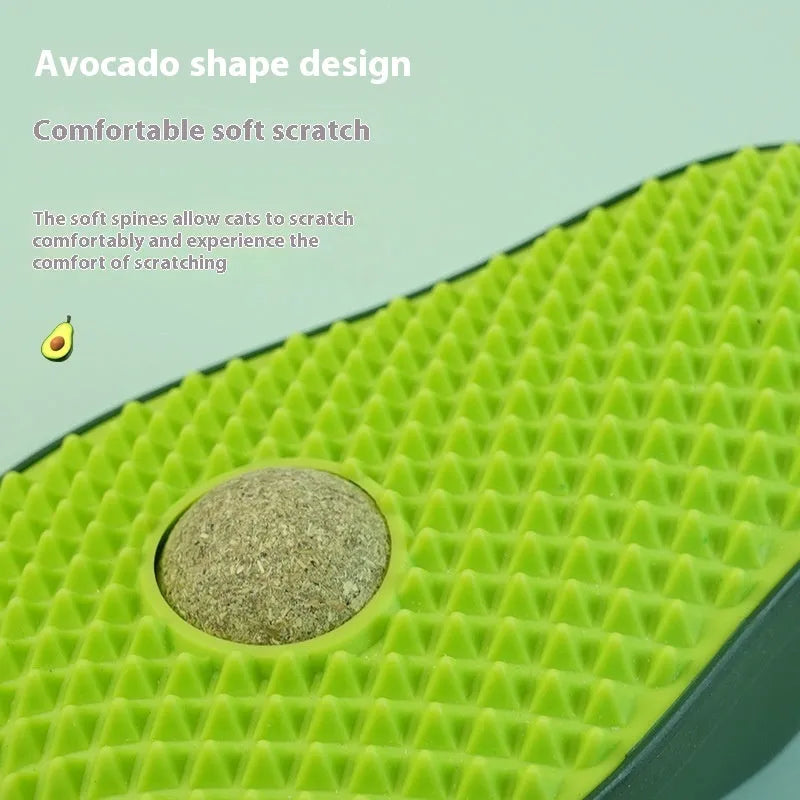 Avocado cat toy with green and brown ABS TPR texture, 13.5 cm long, on a flat surface