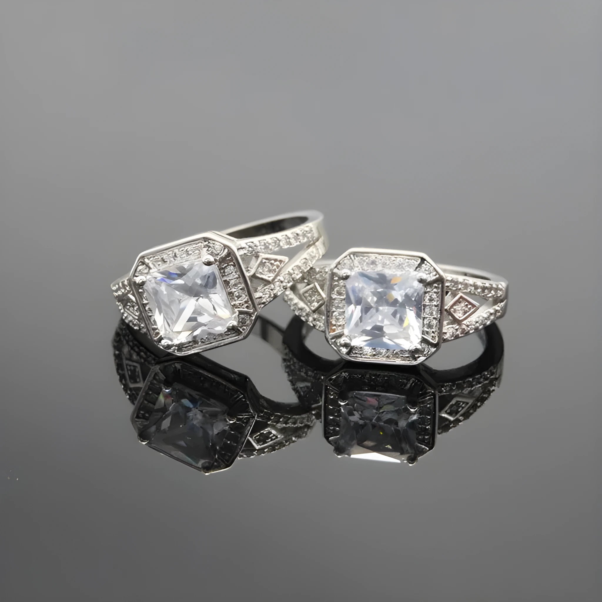 Geometric zircon ring with hollow quadrilateral design in platinum colour on copper band