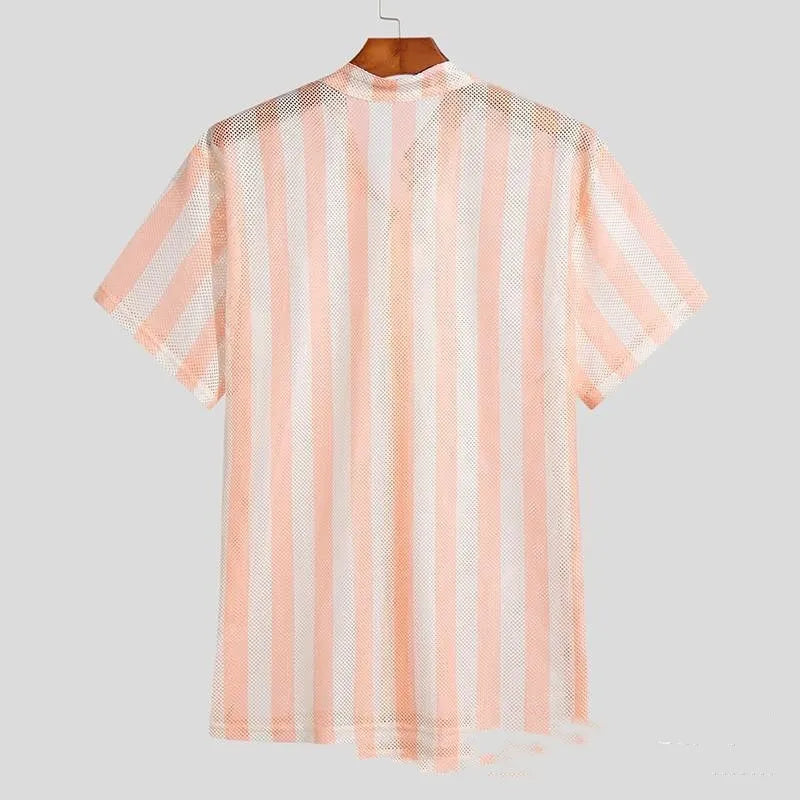 Men's pink waffle texture loose cardigan shirt with short sleeves on hanger