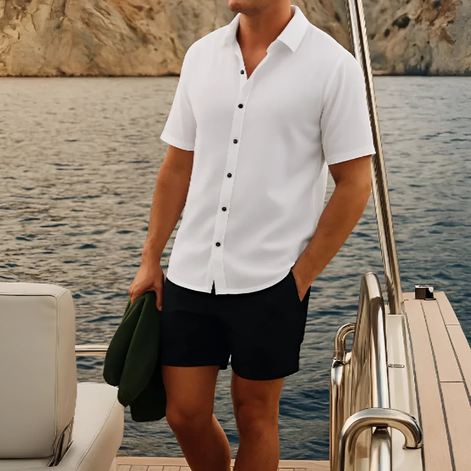 Men's waffle short sleeve shirt set with matching shorts in picture colour, polyester fabric, summer leisure wear