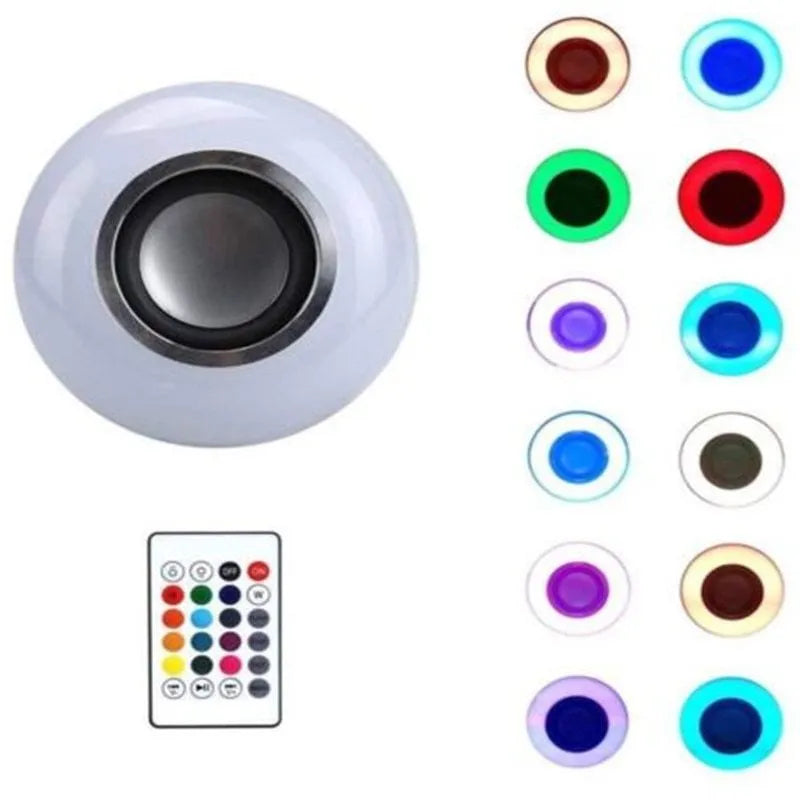 White E27 smart LED bulb with Bluetooth speaker and remote control for 16 colour lights.