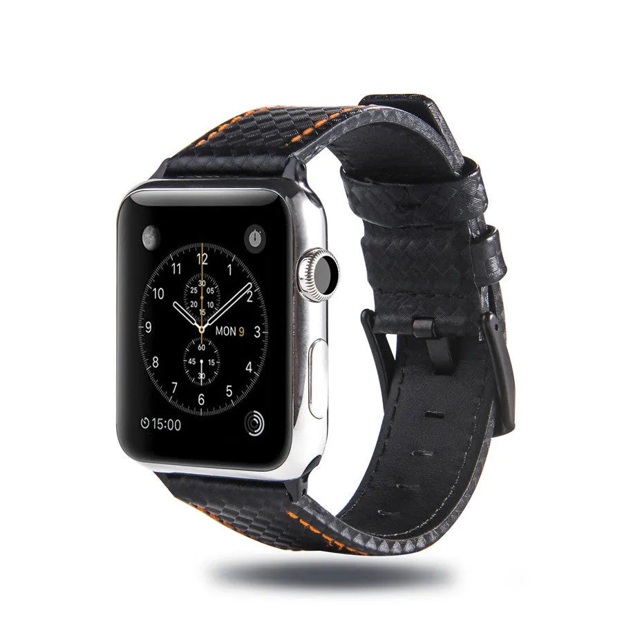 Carbon fiber leather watch strap with PC hard shell case for Apple Watch, available in black line colour, 42 44mm size