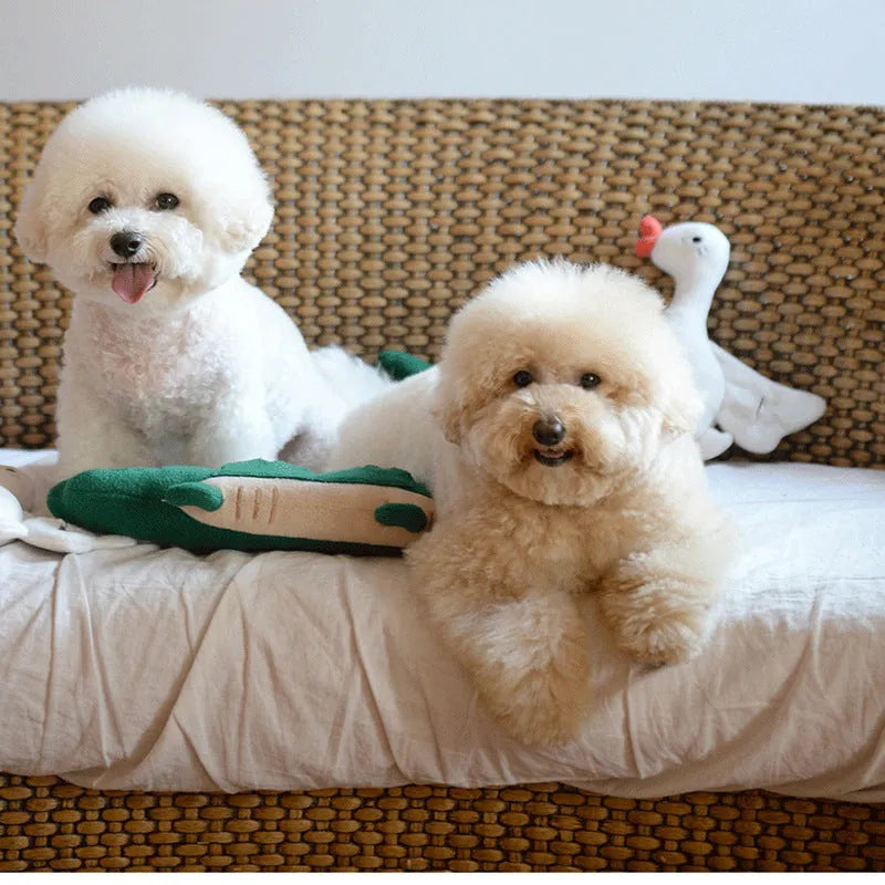 Green plush dog toy measuring 35cm by 18cm, lightweight soft pet plaything for small animals