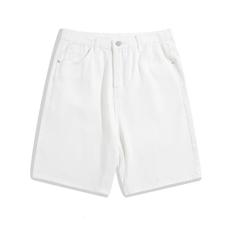 Men's light blue straight-leg denim shorts with zip fly on a mid waist.
