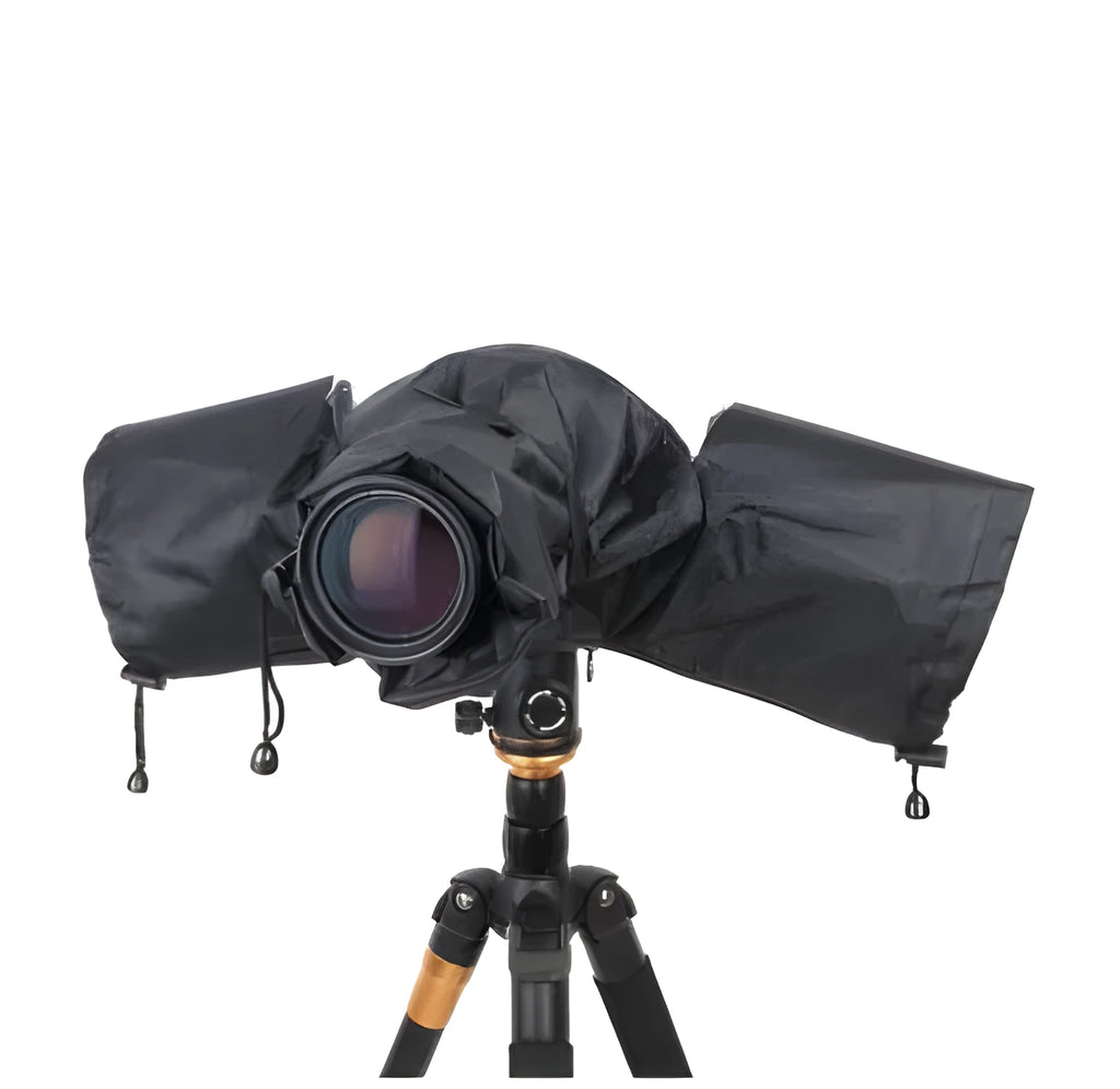 Single lens reflex camera with long focus lens fitted with rainproof cover for outdoor protection