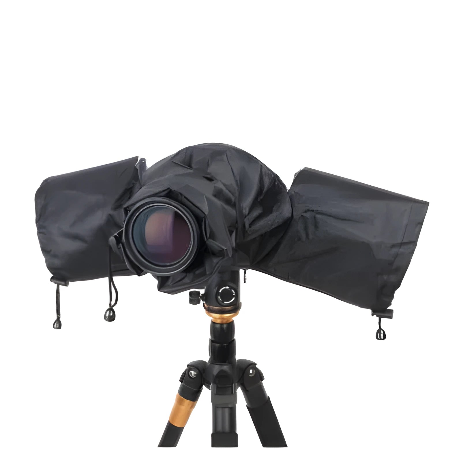 Single lens reflex camera with long focus lens fitted with rainproof cover for outdoor protection