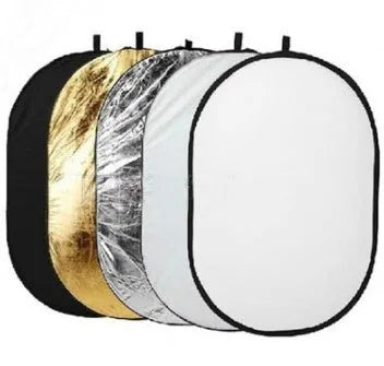 60x90cm collapsible 5-in-1 photography reflector with gold, silver, white, black, and translucent surfaces.