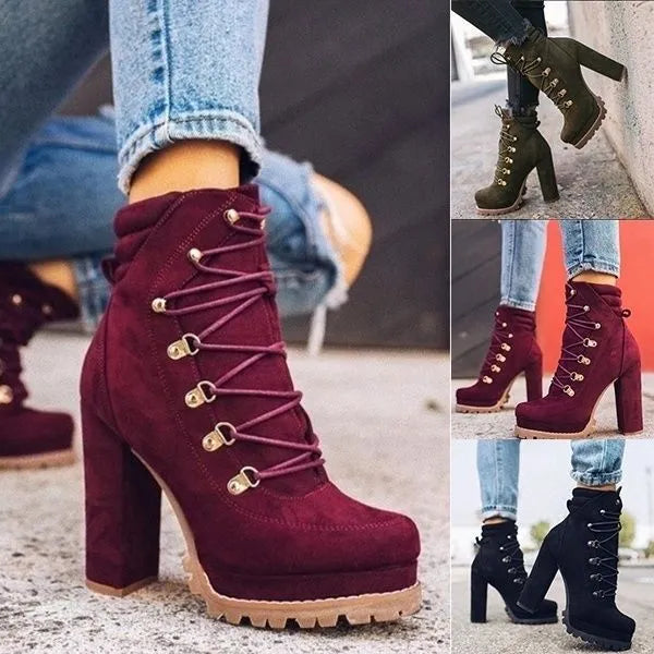 Women's suede high heel boots with round toe, thick heel, waterproof platform, and buckle detail.