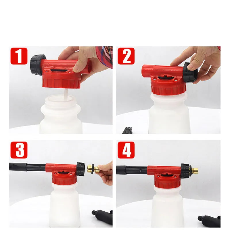 A standard colour foam pot high pressure water gun for garden spraying, showing its trigger and nozzle.