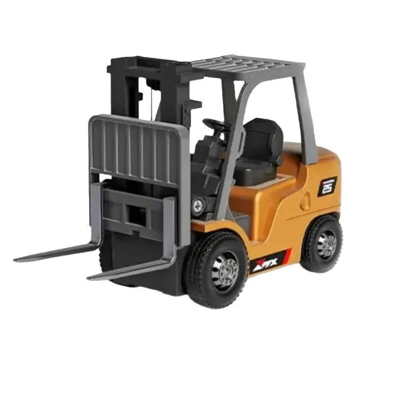 Alloy remote control engineering vehicle set with dump truck, excavator, and small forklift on a table