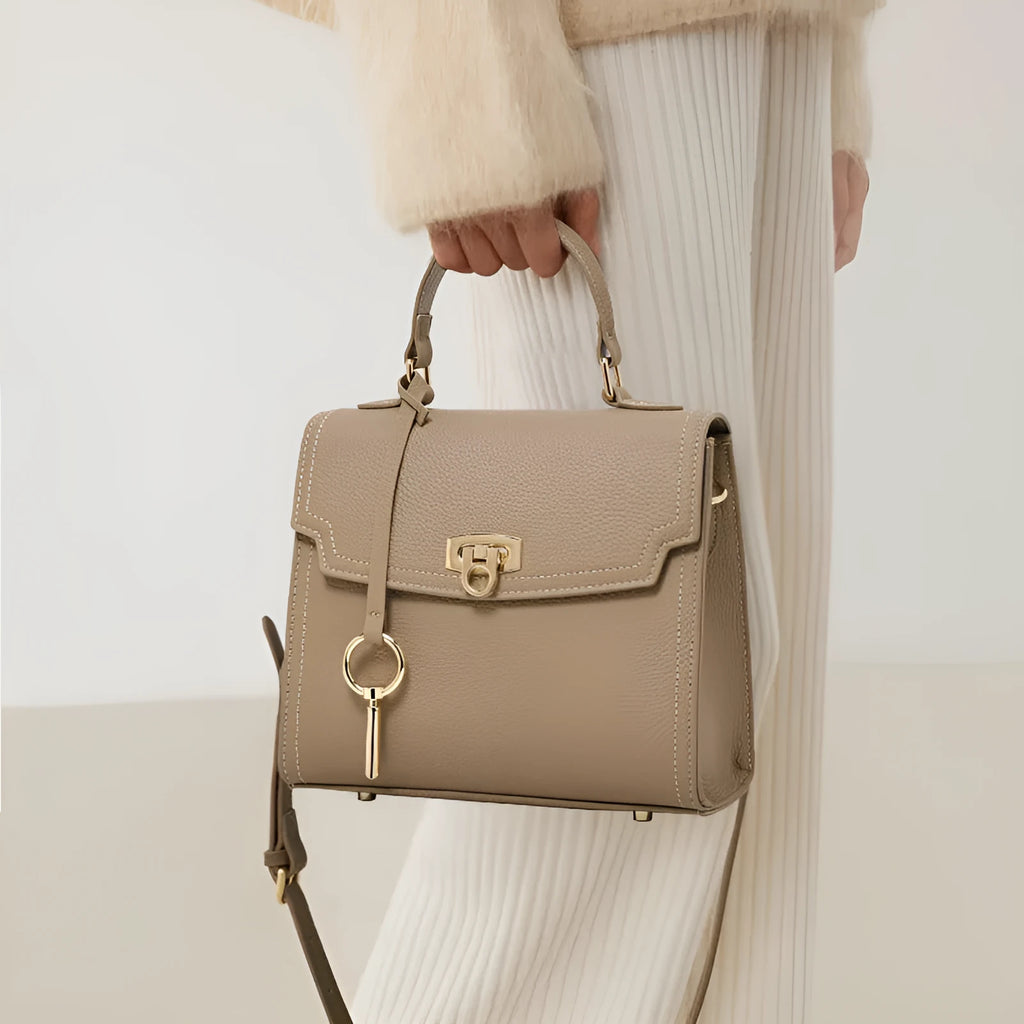 Elephant grey genuine leather vintage lock crossbody handbag with litchi pattern and file compartment