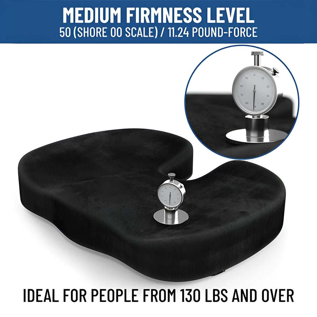 Black flannel U-shaped memory foam seat cushion for office chairs, 46cm by 36cm.