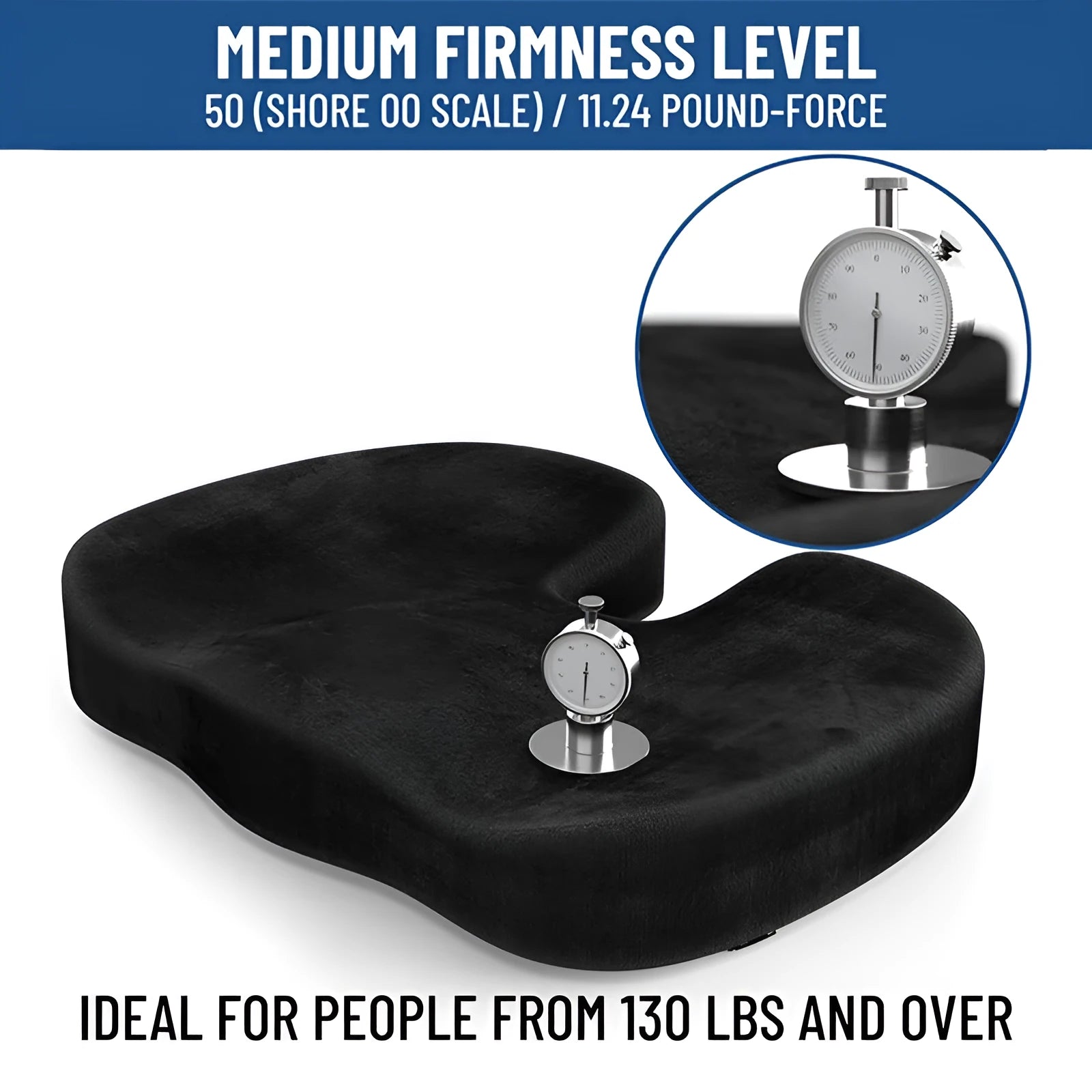 Black flannel U-shaped memory foam seat cushion for office chairs, 46cm by 36cm.