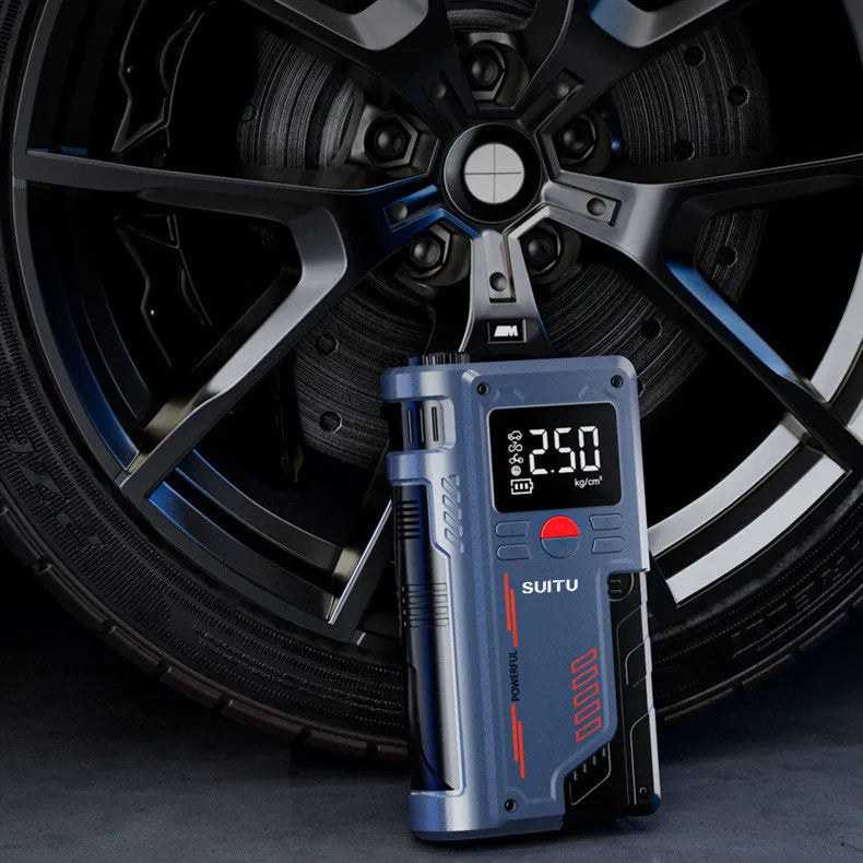 Wireless lithium battery inflatable emergency start power supply in ABS casing with battery clips and hose