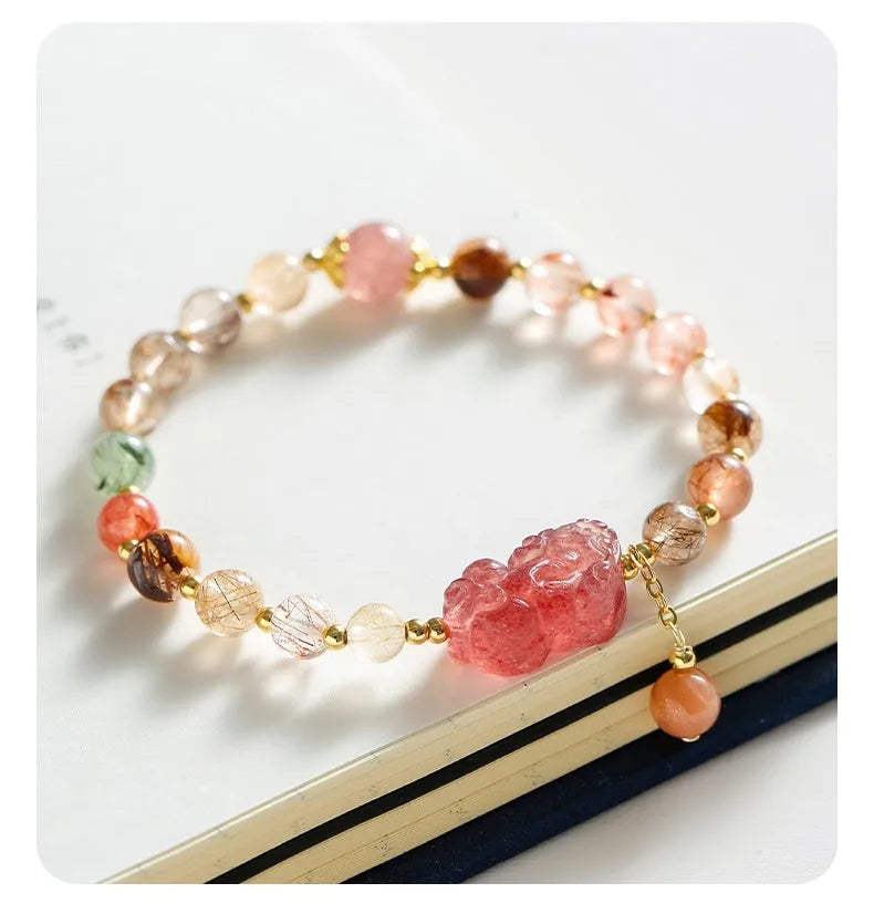 Women's crystal copper bracelet with dopamine crystal colour and pearl elements on natural stone finish