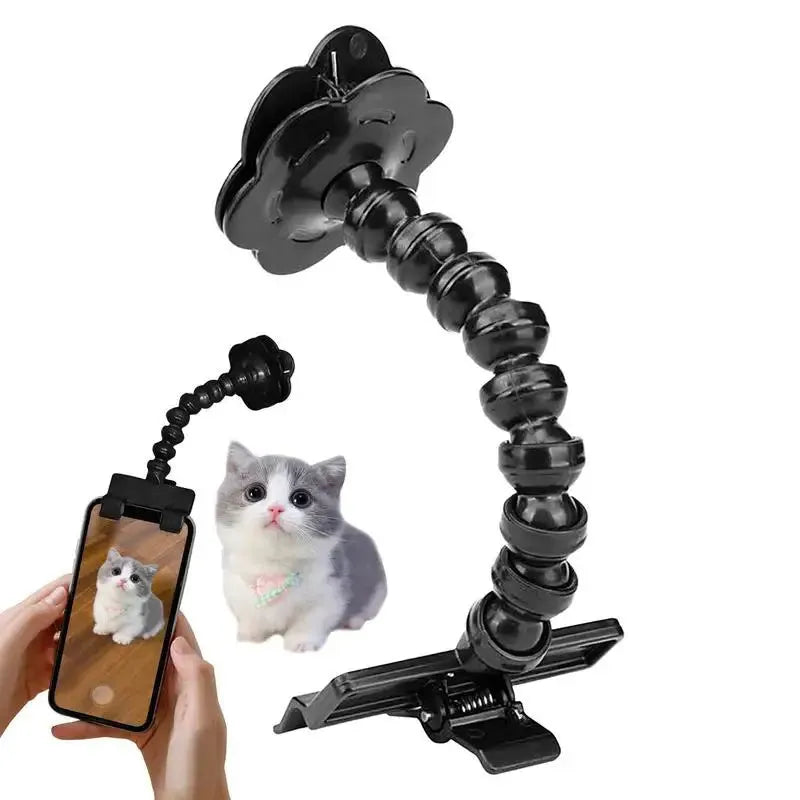 Black pet photography clip with treat holder and phone mount on white background