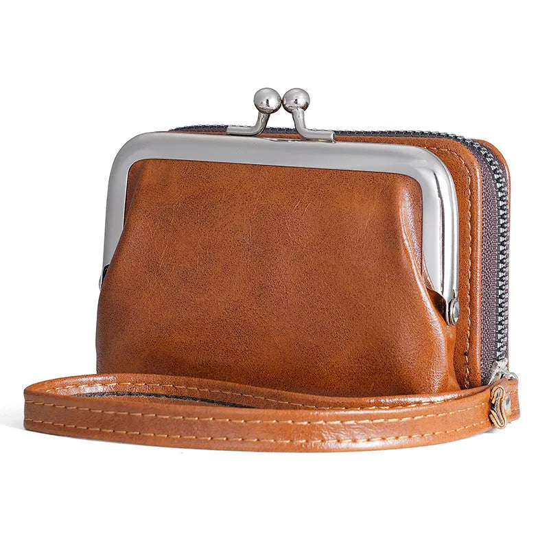 Ladies' leather buckle coin purse in 4-inch size with clip closure, shown in black colour option