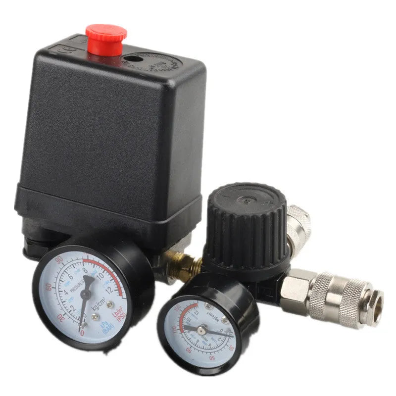 Air compressor pressure switch with European style assembly showing 12mm connector and pressure gauge