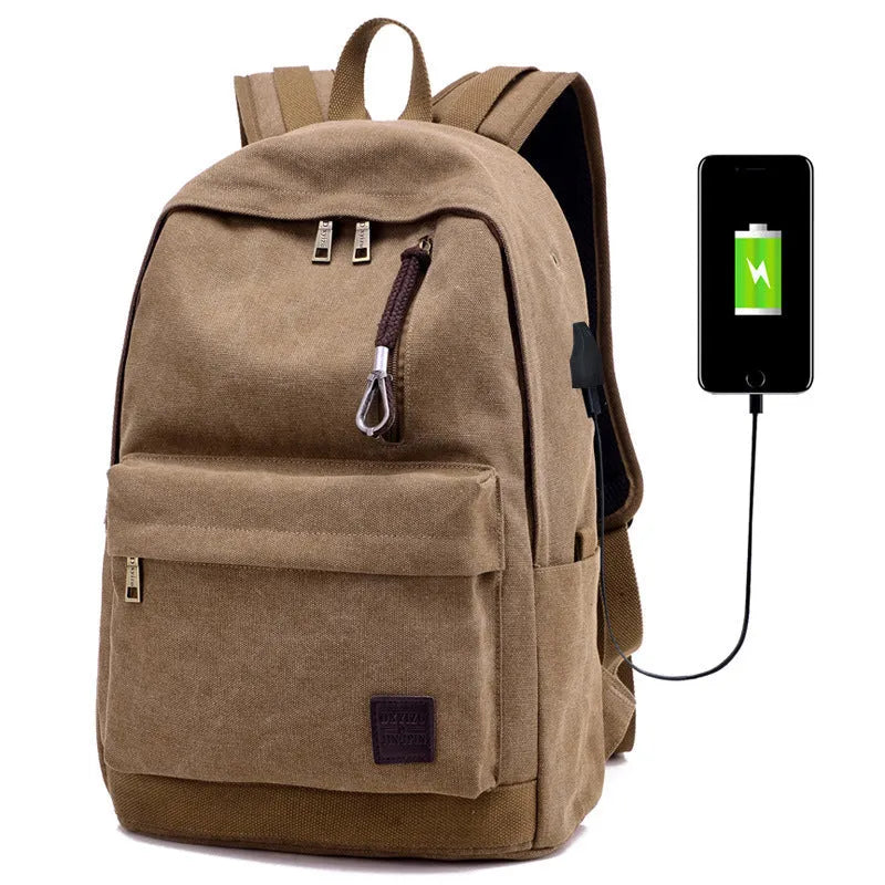 Canvas backpack with USB charging port showing coffee colour variant with laptop compartment