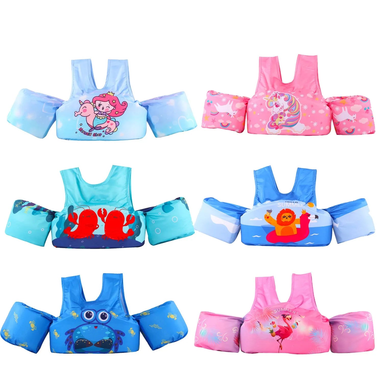 Child wearing a cartoon-themed swimsuit with integrated arm swimming rings for water safety.