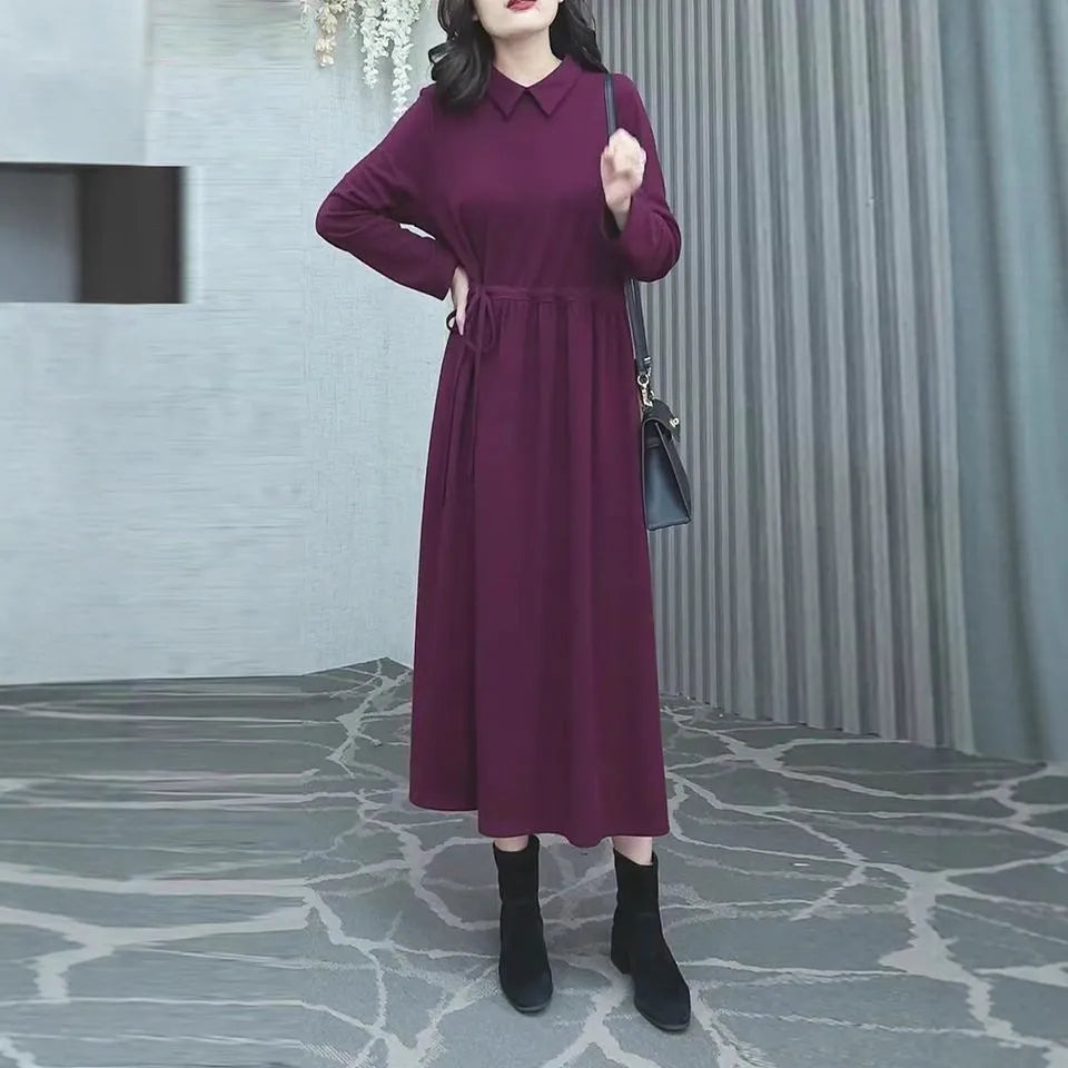 Purplish red women's plus size long dress with extra-long sleeves for autumn and winter wear