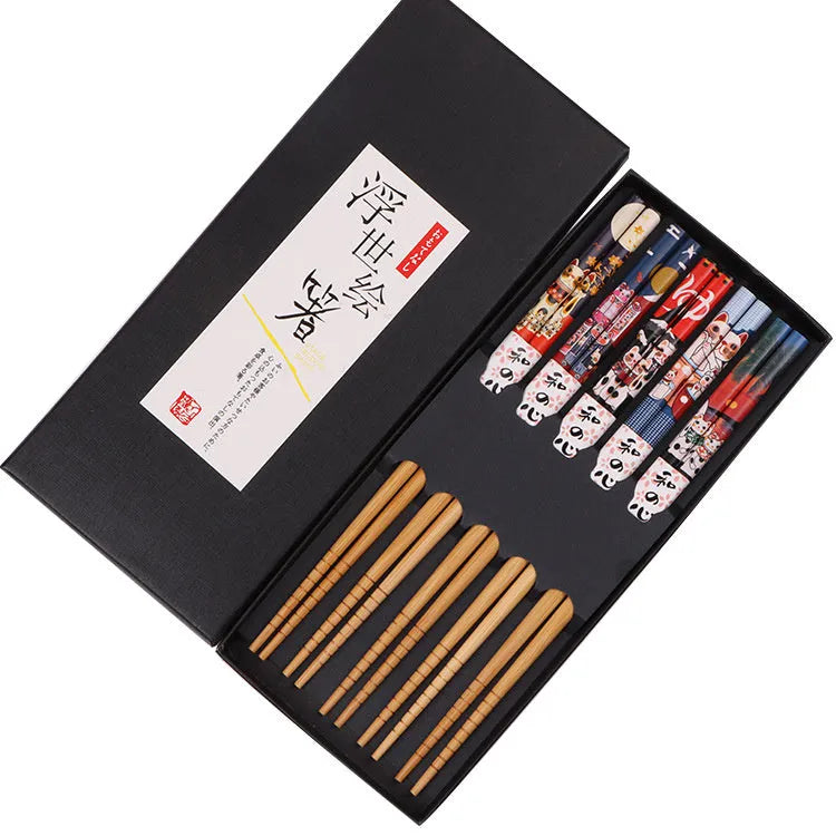 Japanese style bamboo chopsticks set with cartoon patterns including lucky cat design, 5 pairs in gift box packaging