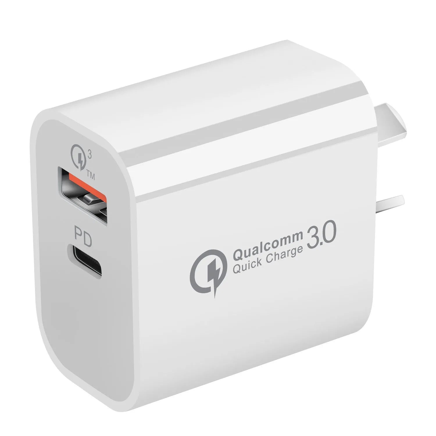 White dual port Australian standard charger with USB-A and USB-C interfaces, compact 63x40x22mm size