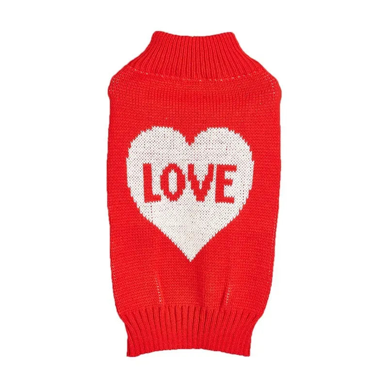 Dog sweater with love heart and bow design in acrylic material