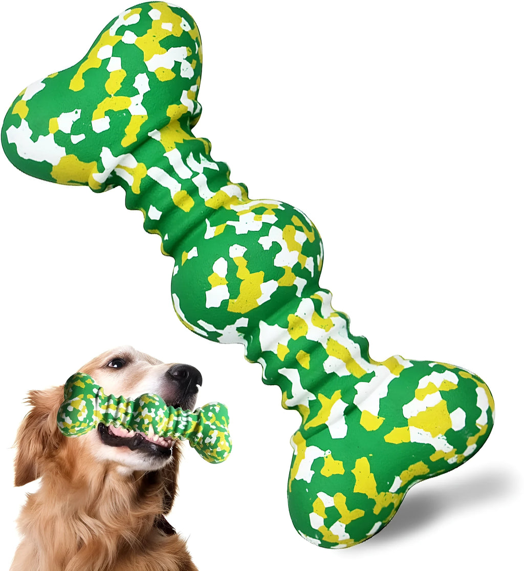 Natural rubber dog bone chew toy with camouflage pattern for medium and large breed dogs.