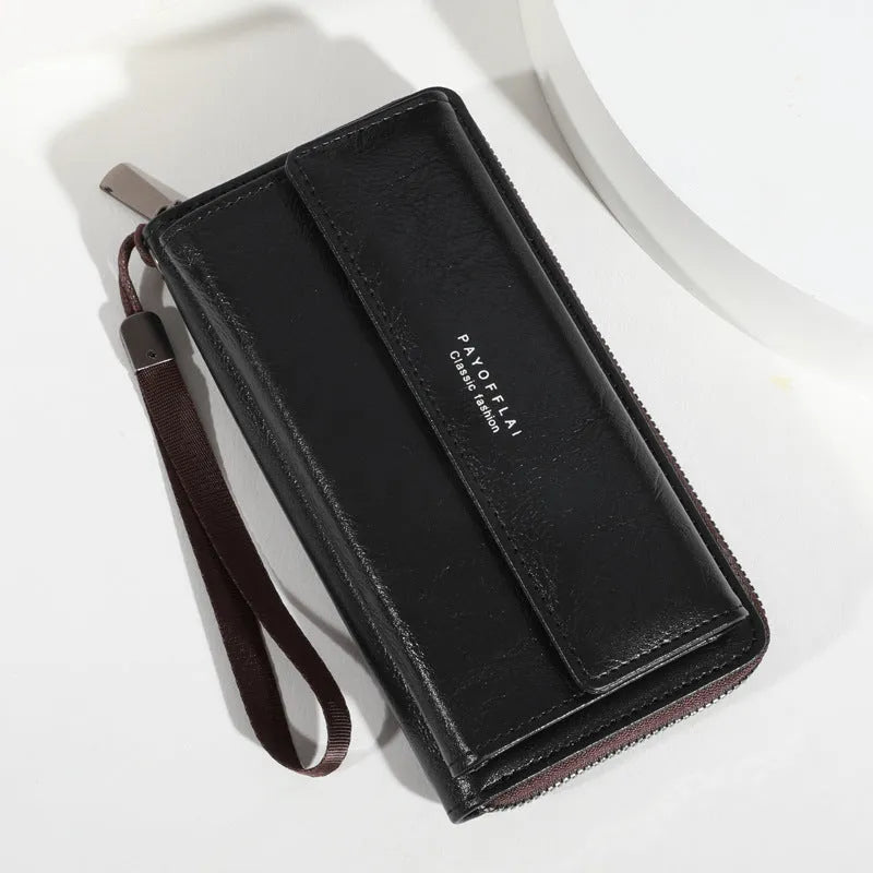 Men's black PU leather bifold wallet with multiple card slots, shown open and closed.