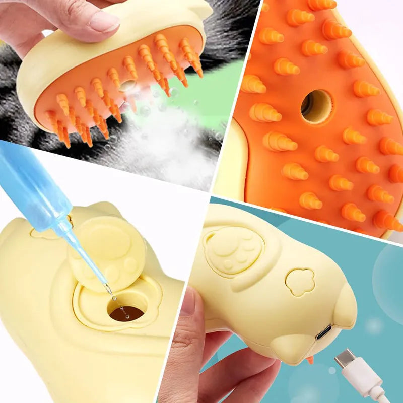 3-in-1 steam pet brush with ergonomic handle for grooming cats and dogs