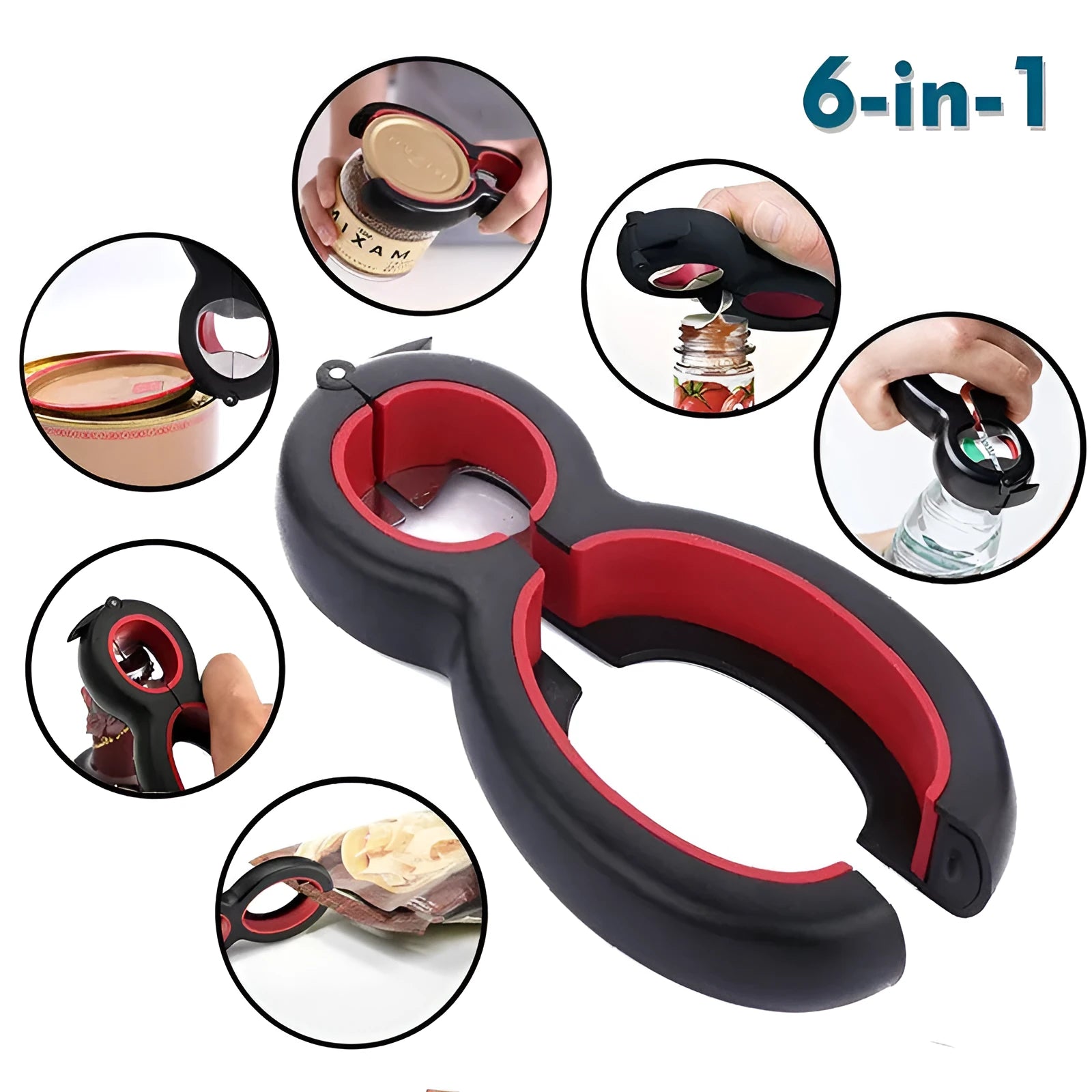 6-in-1 multifunctional can opener and bottle opener in grey on a kitchen worktop showing dual ring design