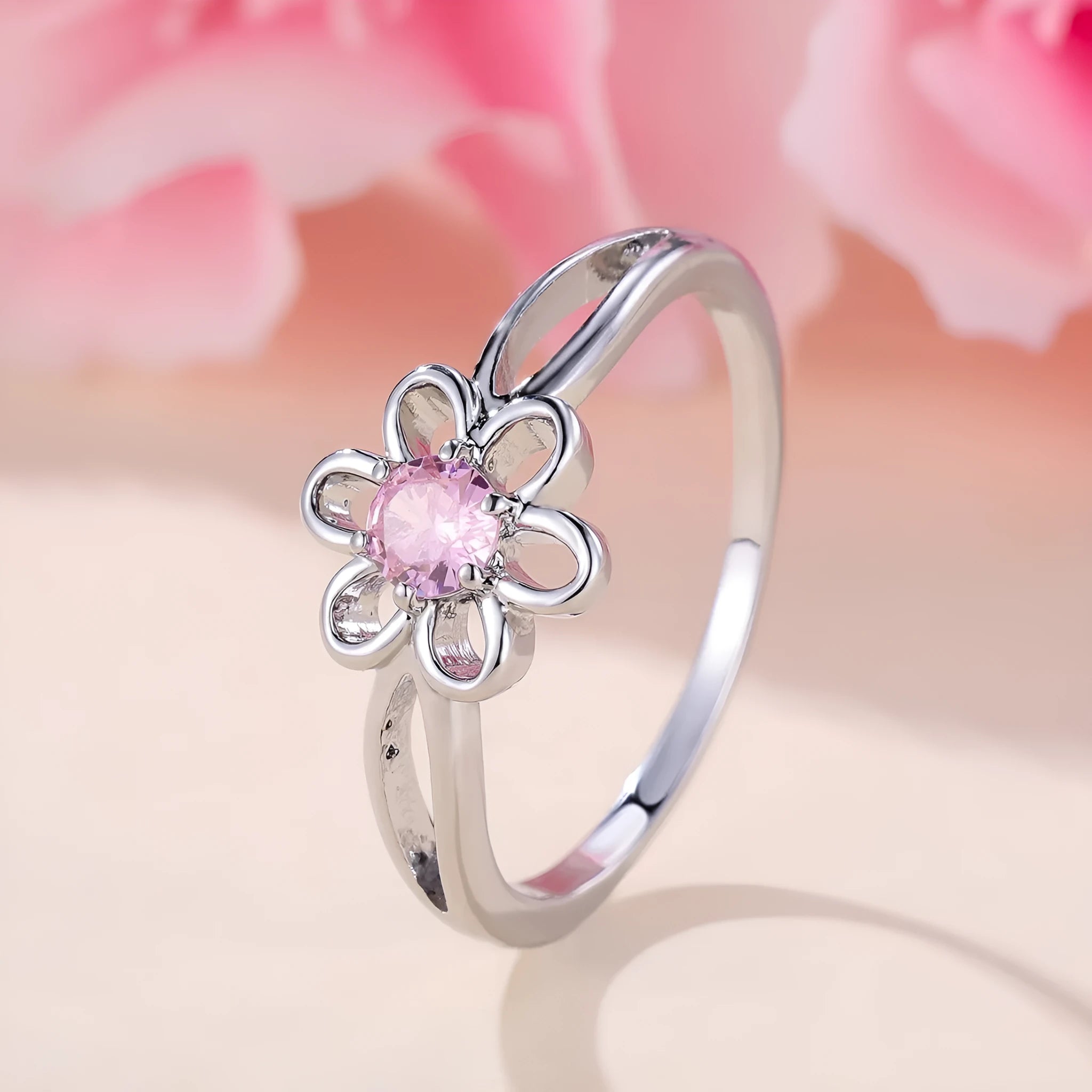 Lady's flower hollowed fashion simple copper ring with electroplating finish in platinum pink diamond colour