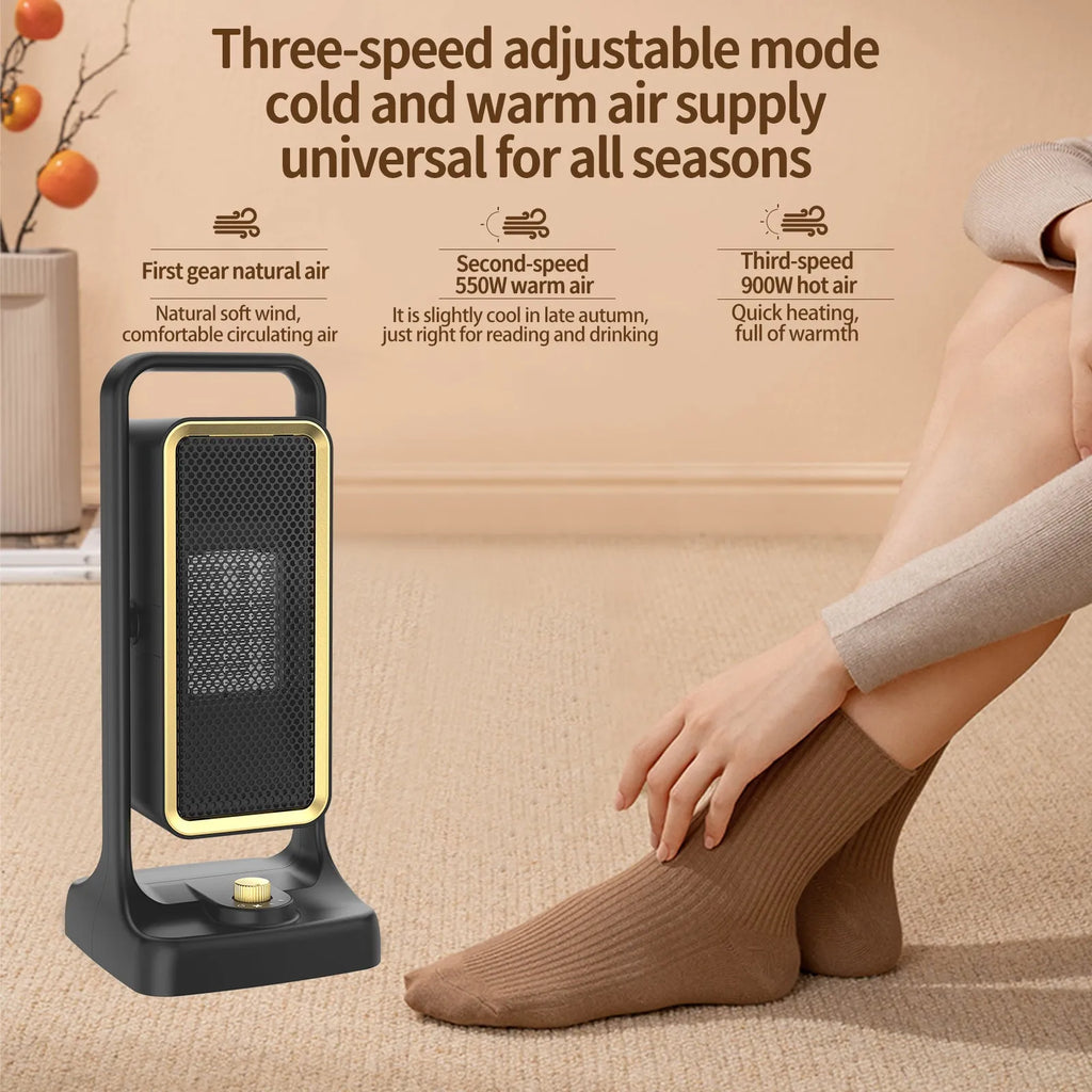 Black PTC ceramic desktop air heater with knob controls showing compact design