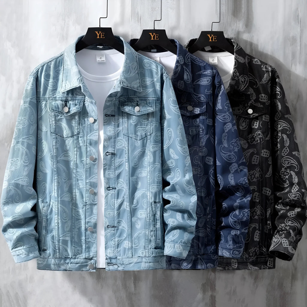 Men's slim-fit solid colour denim casual coat with patch pockets, available in black, dark blue, and light blue