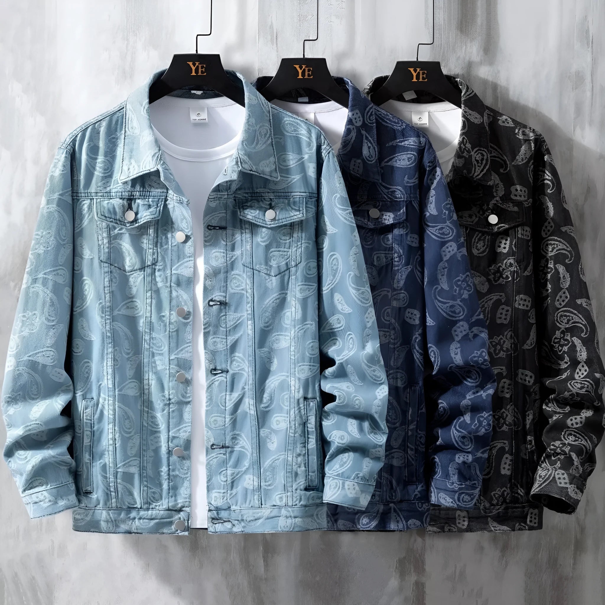 Men's slim-fit solid colour denim casual coat with patch pockets, available in black, dark blue, and light blue
