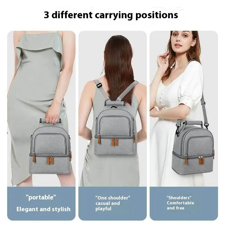 Women's Gray thermal insulation backpack with Oxford cloth exterior and curved shoulder strap
