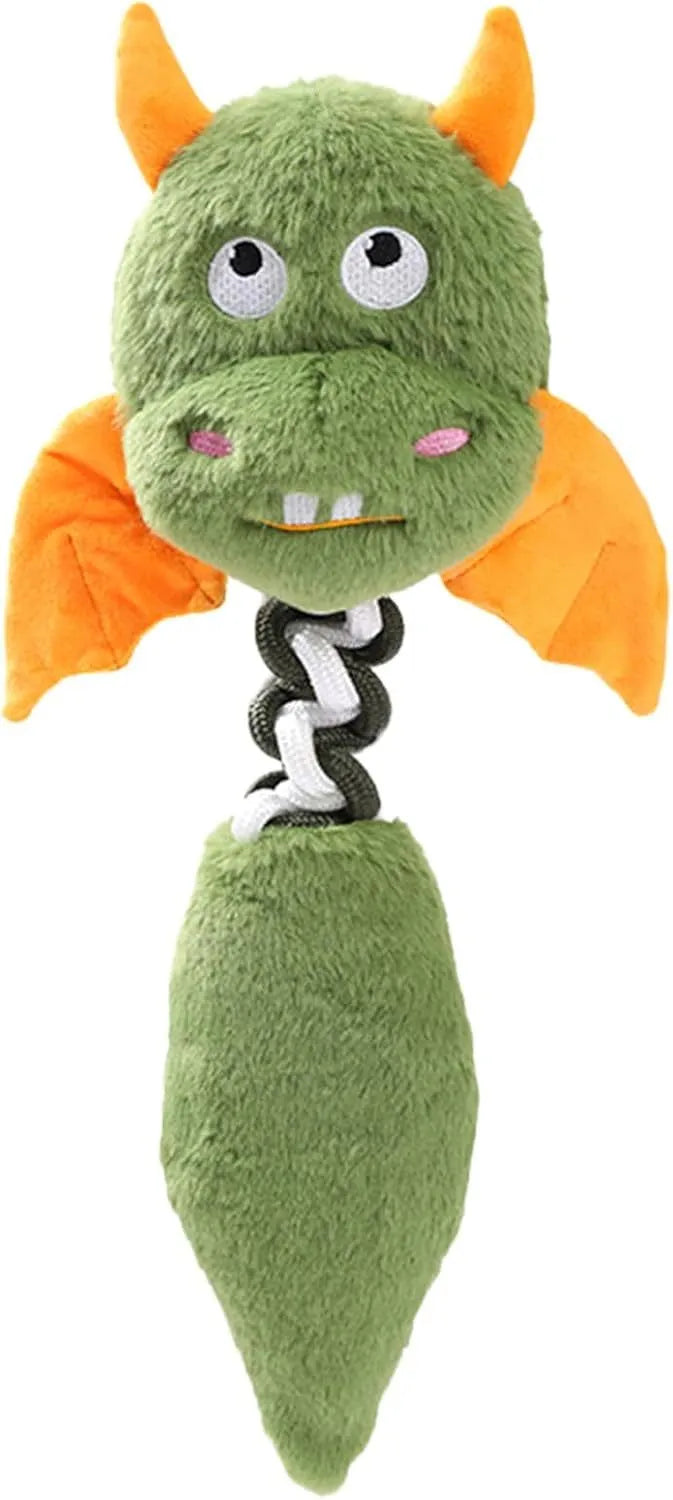 Plush cartoon dog toy with rope knot, in black, green, or red colour, shown next to a tape measure indicating 44 cm length.