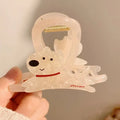 Cute cartoon puppy hair barrette clip in Korean style, shown in beige and brown colour options.