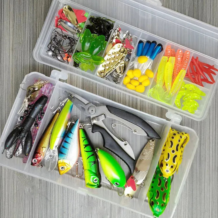142-piece fishing lure suit showing hard minnow lures with sequins, fishing pliers, metal and plastic lures, and assorted fishhooks